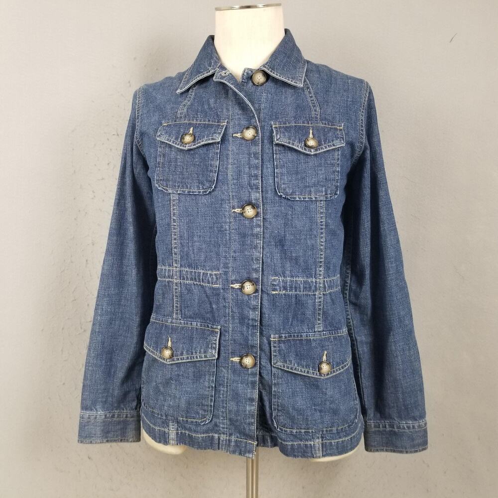 Eddie Bauer Jacket Womens Medium Blue Denim Utility Button Front Pockets Casual - Picture 1 of 12